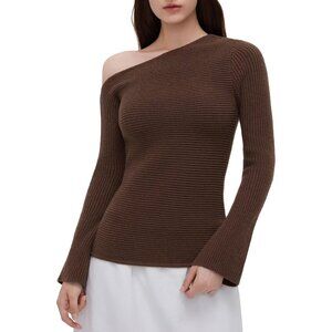 Women Off Shoulder Fall Sweater Slim 27-Brown Ribbed Knit Long Sleeve Top Trendy
